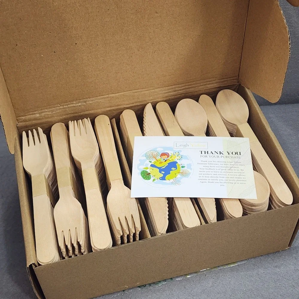 Leigh Yellow Wooden Cutlery Set Natural Eco-Friendly Birchwood 500 Piece Set NEW